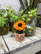 Decorative sunflower in a small pot on a wooden surface with other plants in the background.