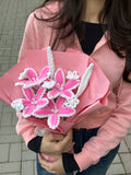 Person holding a bouquet of pink flowers with white accents