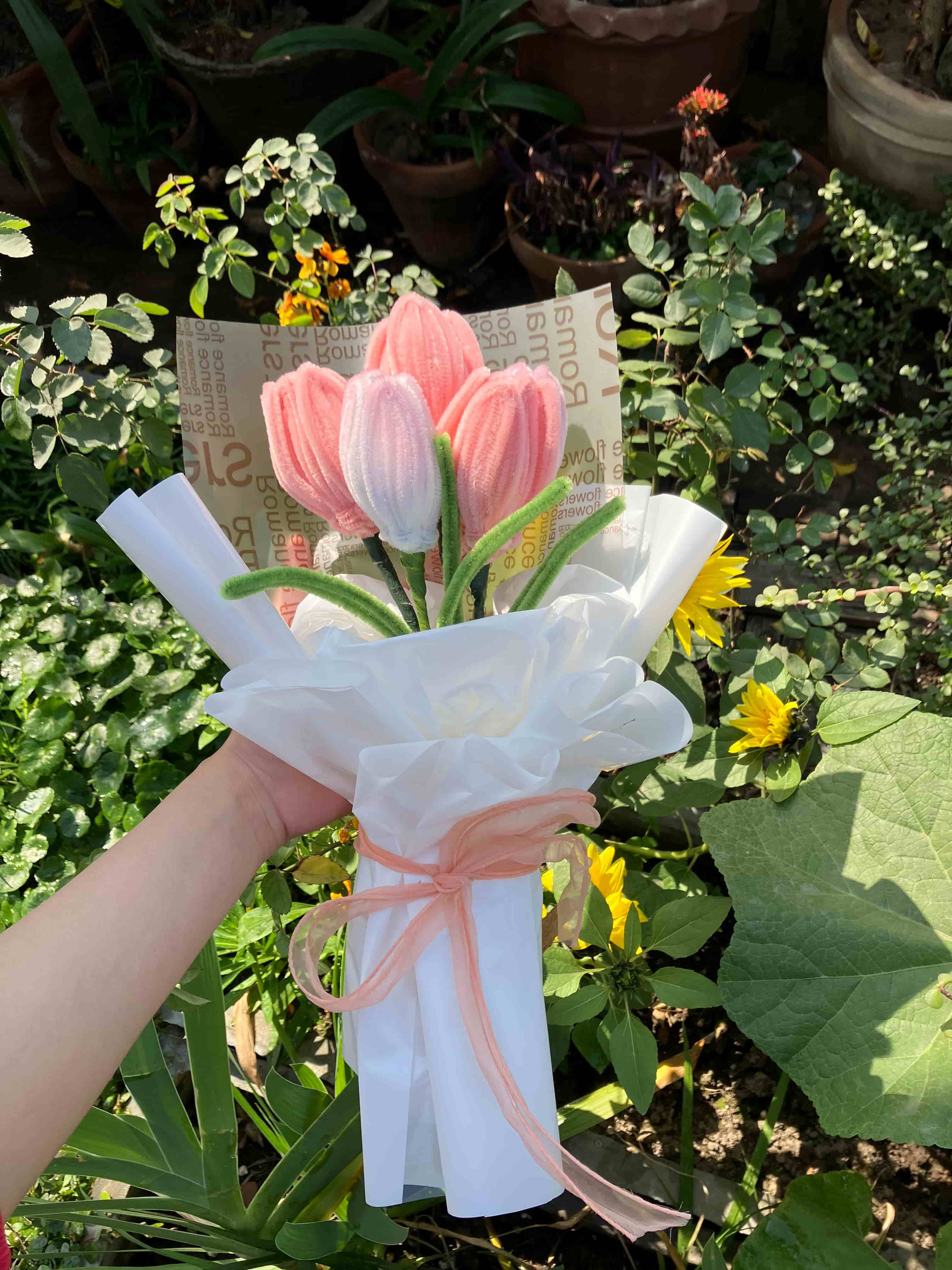 Bouquet of pink tulips with a white ribbon held by a hand against a green leafy background.