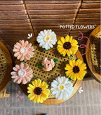 Decorative potted flowers on a textured surface with 'POTTED FLOWERS' text.