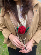 Person wearing a beige jacket with a red flower held in front of it, outdoors.