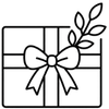 Black and white illustration of a gift box with a bow and leaf decoration.