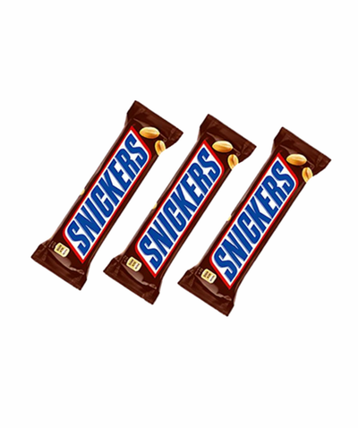 Three Snickers chocolate bars on a white background