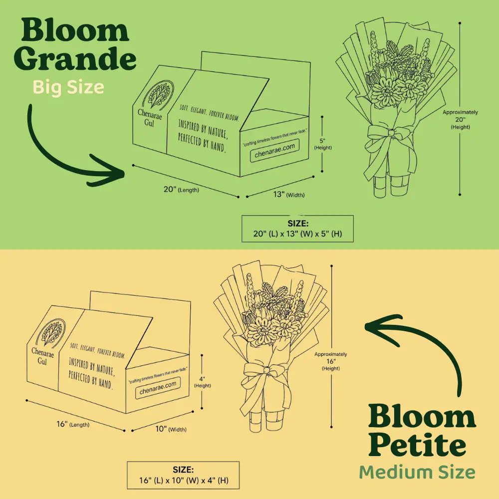 Comparison chart of Bloom Grande and Bloom Petite flower arrangements with dimensions on a green and beige background.