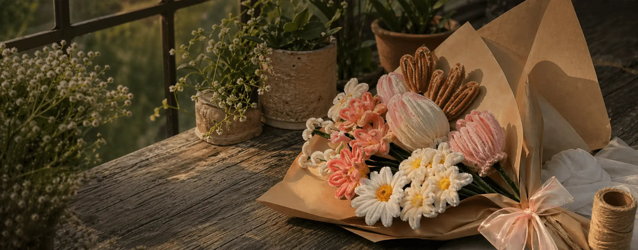 Bouquet of flowers wrapped in brown paper on a wooden surface with plants in the background.