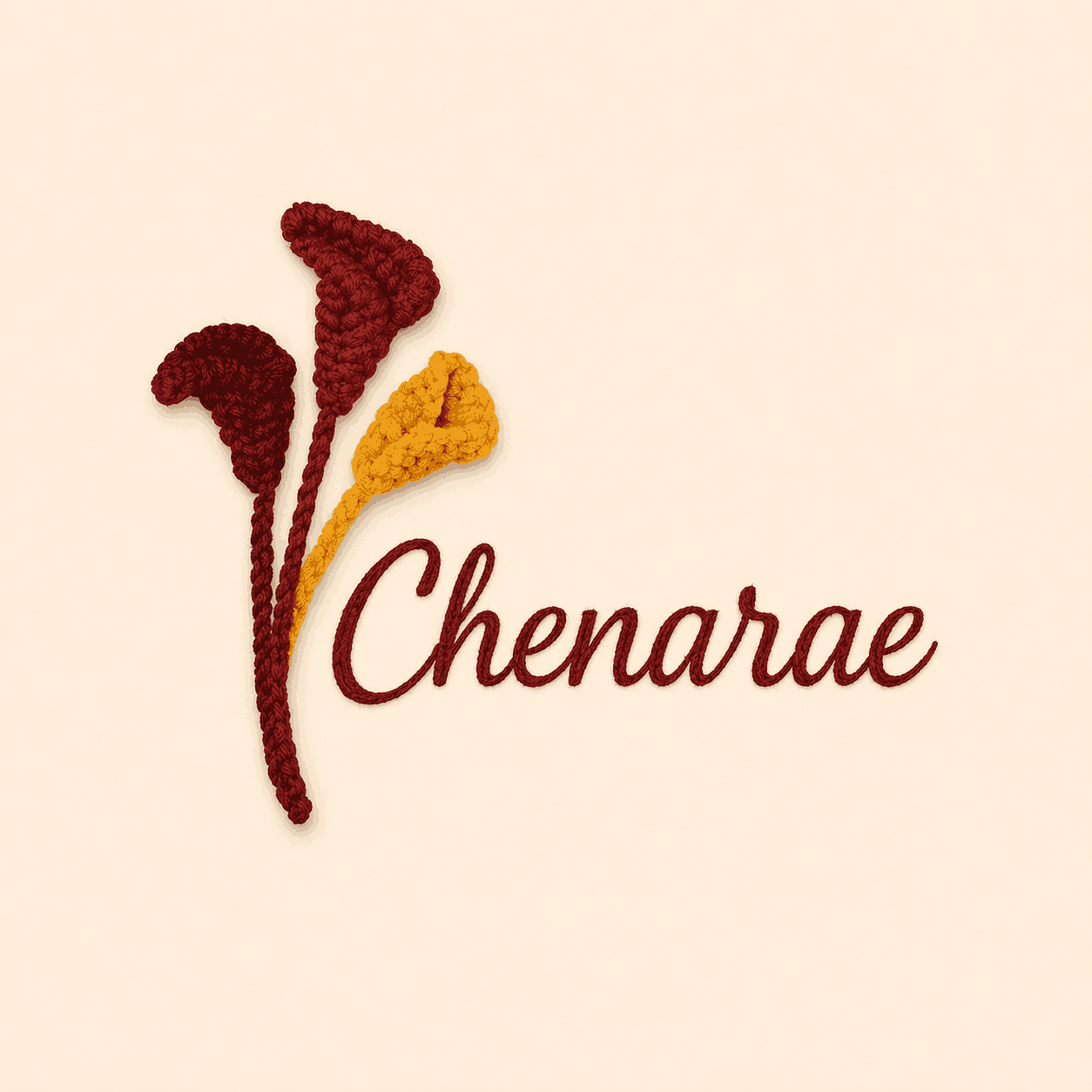 Crocheted flowers in red and yellow with 'Chenarae' text on a beige background